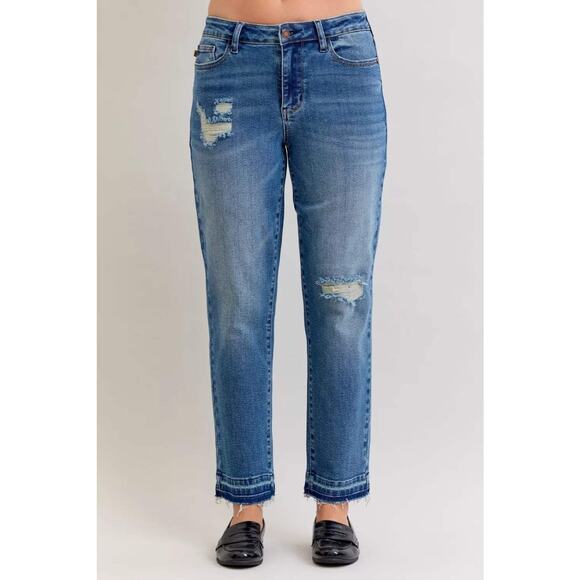 Judy Blue Full Size Mid Rise Bf Patch & Repair Destroy Release Hem Jeans - Picture 1 of 14